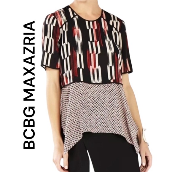 BCBG MAXAZIA Sz Medium Two Print Fabric Black Cream Red Short Sleeve Top - Picture 1 of 6